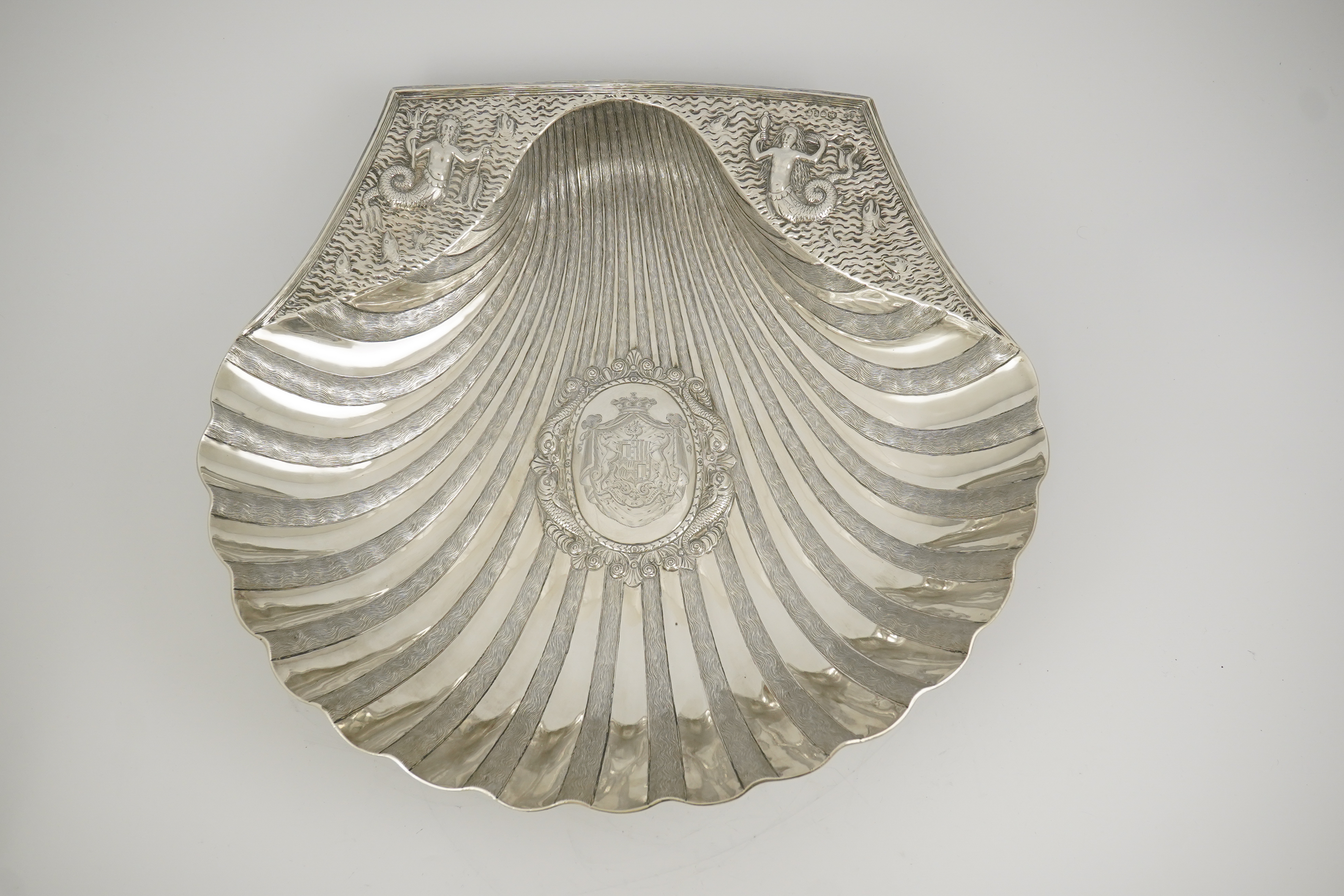 A good large Victorian silver shell shaped basin, by John Samuel Hunt (Hunt & Roskell late Storr & Mortimer), based on a 16th century model used in conjunction with a ewer for the washing of hands during and after a meal